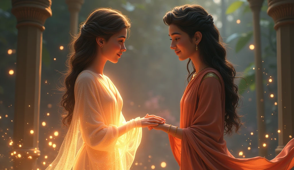 In 3D animation style:Sia reaching out to Arjun with a forgiving smile, as her ethereal form begins to fade away, leaving a trail of golden sparkles.