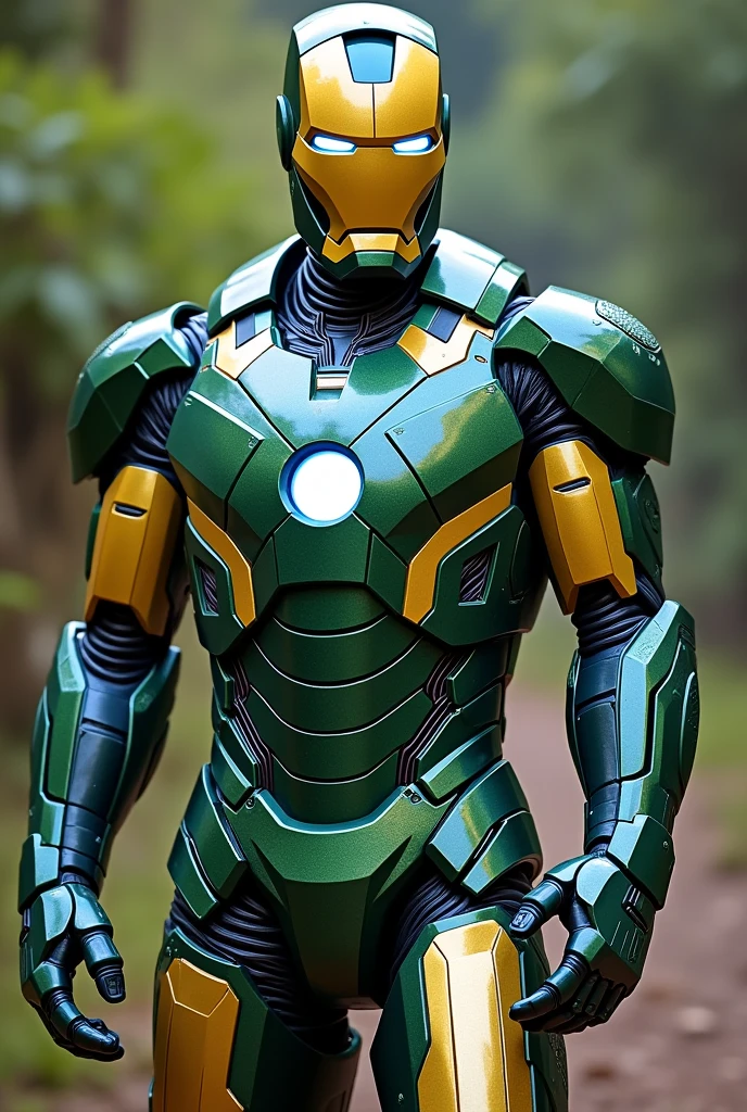 Chat create an Iron Man armor from the first movie with a paint job inspired by the colors of Brazil , Unripe, yellow , cerulean ...