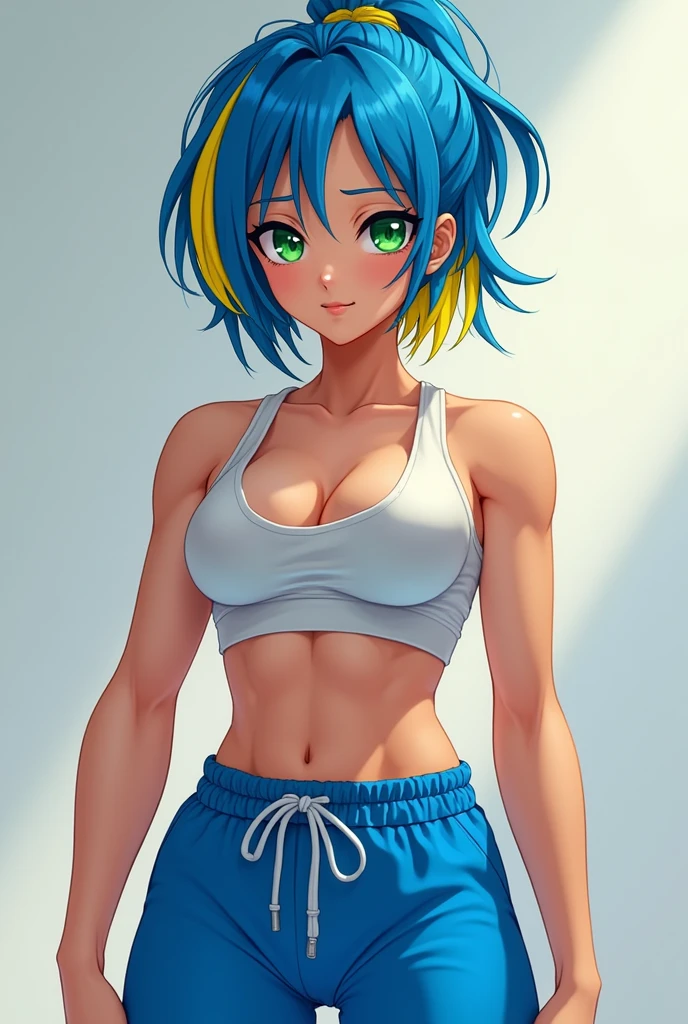 A girl with blue pants,with blue hair and a yellow streak and with bright green eyes and shirtless showing off his muscles