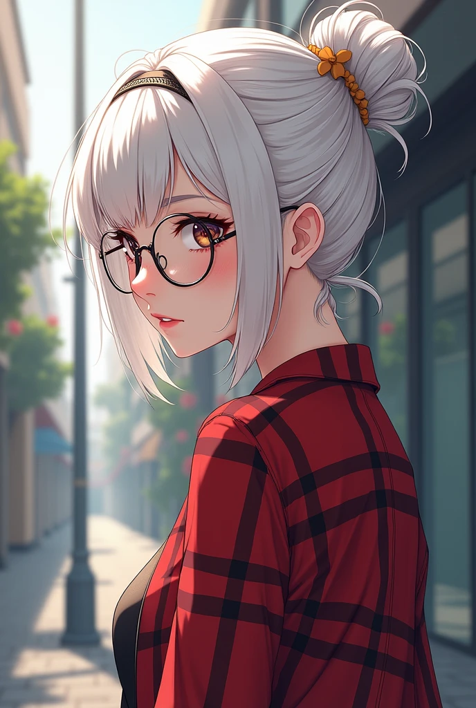 young anime girl, modern, that he wears discreet round glasses, white hair updo, with a red plaid shirt, turning a little profile