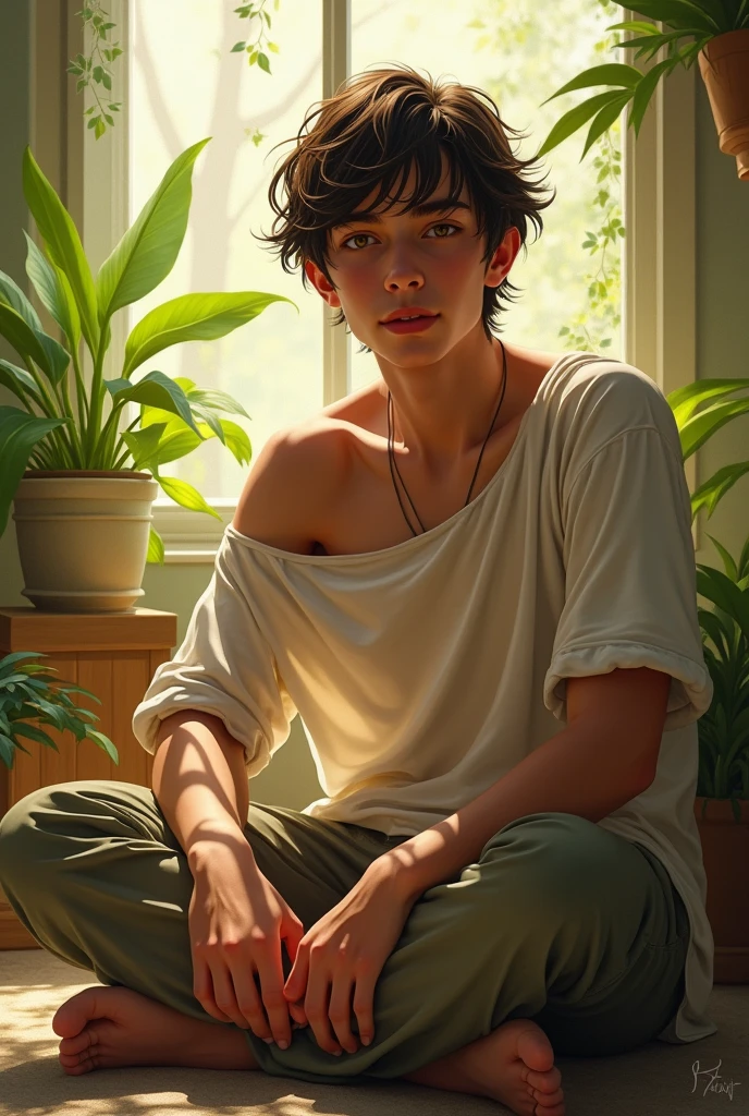 (photorealism:1.2), beautiful boy, sitting on chair, wearing loose off-shoulder shirt, baygi pants, long stylish hair, indoors, soft lighting, plants in background, window with sunlight, cozy room, relaxed pose, realistic, intricate details, warm colors, by Greg Rutkowski, by Alphonse Mucha hows name ritesh