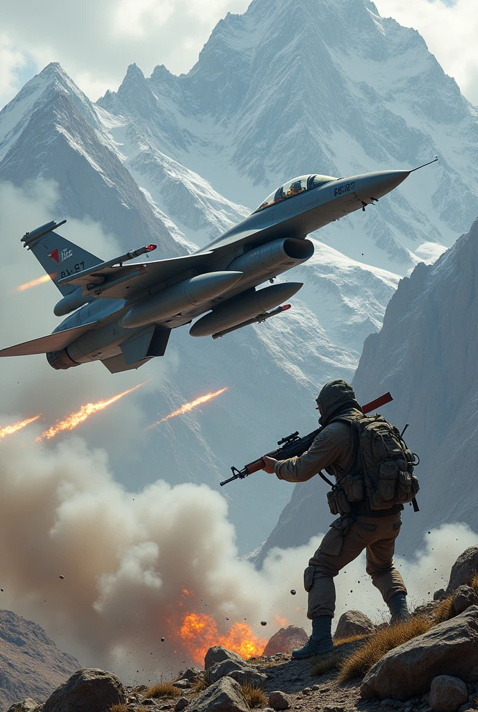 F16 Plane Drops Bombs on a Guerrilla in the Mountain, But the Guerrilla Resists with a Kalashnikov