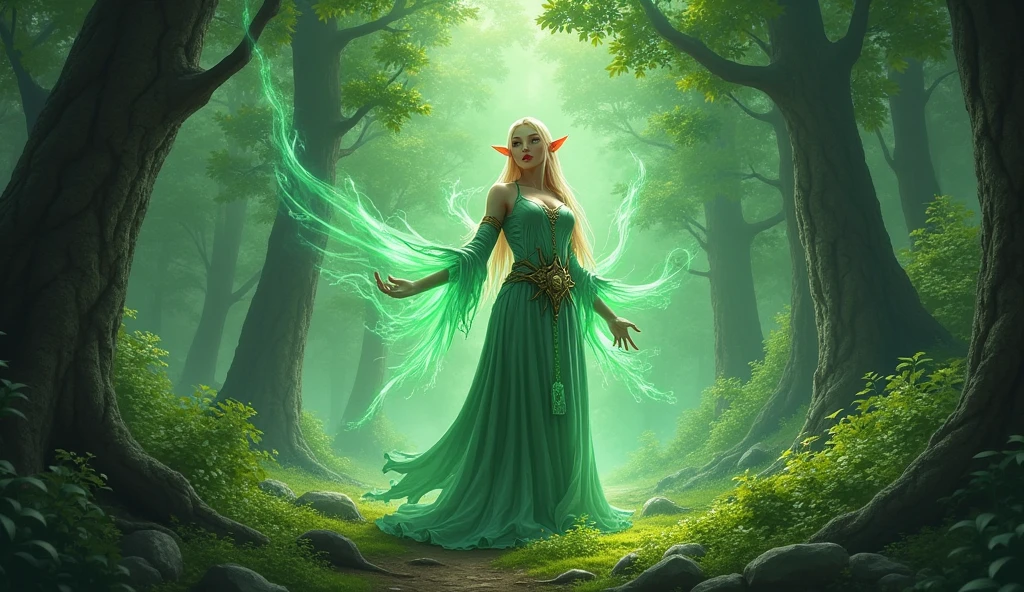 In the middle of the battle、Eris the elven druidess is in perfect harmony with the life force of the forest.、Unleash the true power hidden within you。Her magic is getting stronger、Become one with the surrounding nature and face off against the dark invaders。Ellis understood the importance of her mission.、Recognize that you are an essential part of protecting the forest。Her power spread throughout the forest、Giving hope and courage to my friends。Ellis is a blond elf woman. she is facing a horde of goblins.