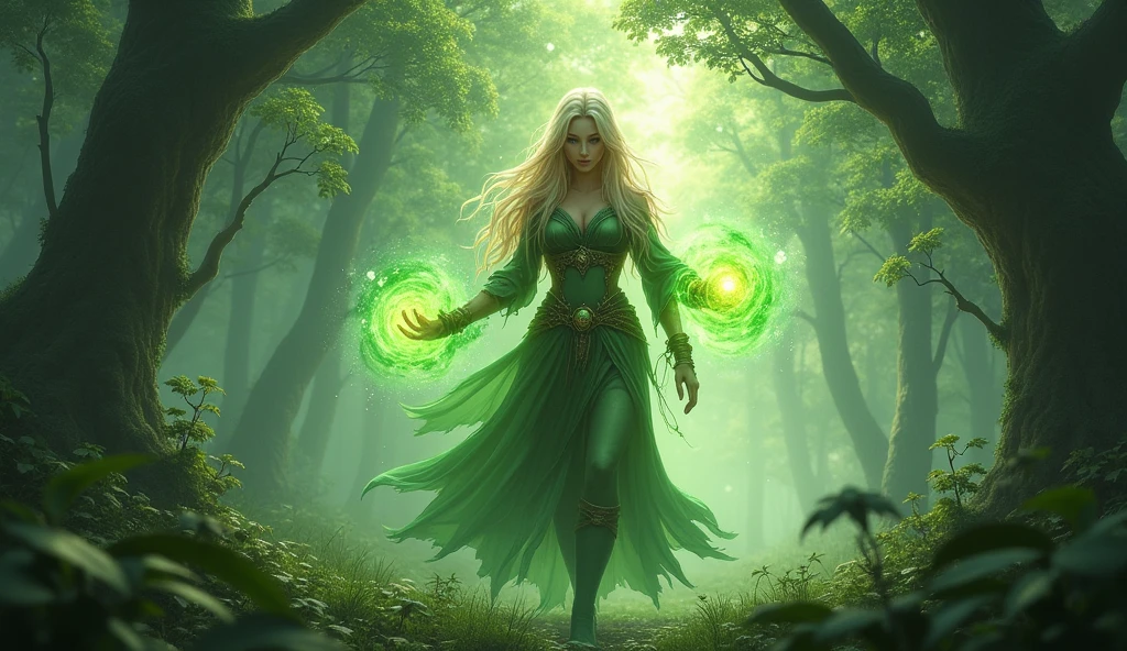 In the middle of the battle、Eris the elven druidess is in perfect harmony with the life force of the forest.、Unleash the true power hidden within you。Her magic is getting stronger、Become one with the surrounding nature and face off against the dark invaders。Ellis understood the importance of her mission.、Recognize that you are an essential part of protecting the forest。Her power spread throughout the forest、Giving hope and courage to my friends。Ellis is a blond elf woman. she is facing a horde of goblins.