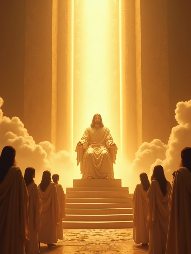 (high quality), (masterpiece), (detailed), 8K, Majestic scene depicts (Jesus Christ1.3) seated on (radiant throne1.3) in the (Kingdom of Heaven1.2). (Golden light1.2) illuminates (divine surroundings1.2) as (angels1.2) gather around in (reverence1.2). Shot with Sony Alpha a7R IV and FE 24-70mm f2.8 GM lens, trending on National Geographic Photography.