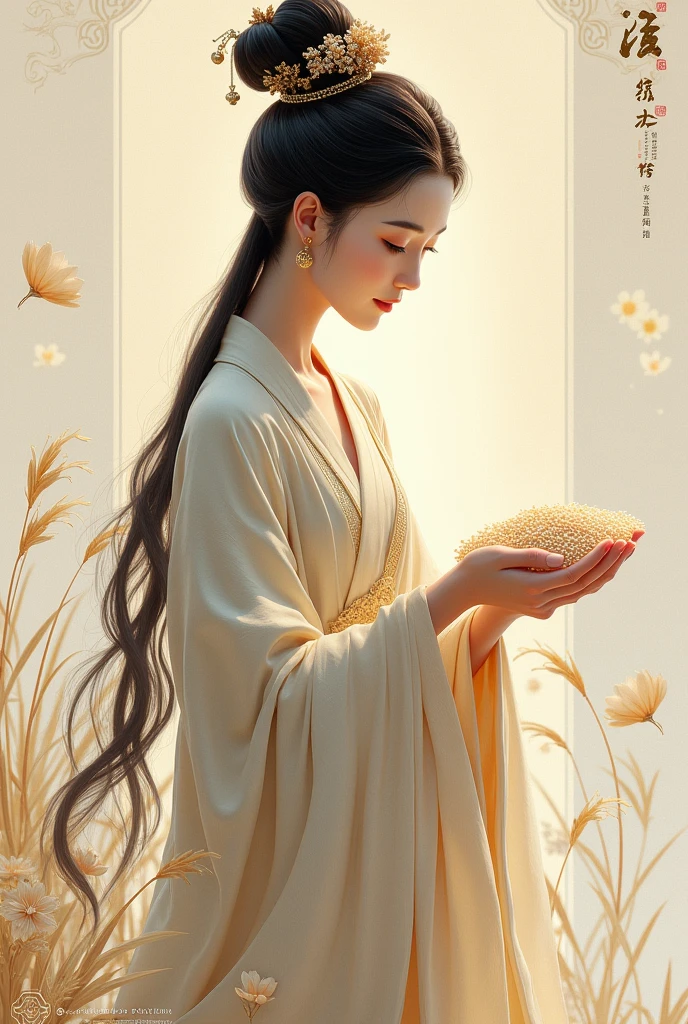 Packaging illustration，A Tang Dynasty female figurine holding rice，Looking at the rice，advanced，National Trend