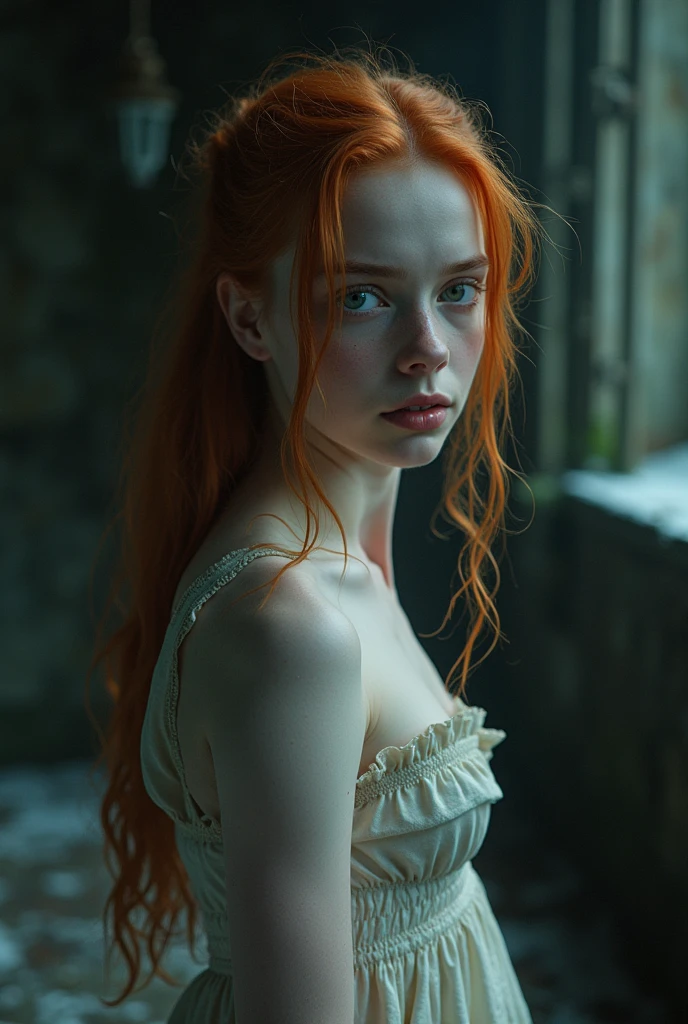(Mackenzie Foy ginger hair girl, with, hand, fingers in vagina:1.3), (long, messy hair:1.3), blue eyes, detailed eyes, detailed lips, (lies nude, sensual, full body:1.5), (photo from many different angles:1.5), (creepy and scary interior of a Gothic castle, abandoned with fog and fog, snow, green moss: 1.3), low neck, ray tracing, (best quality, 4k, 8k, high resolution, masterpiece:1.2), very detailed, (realistic , photorealistic, photorealistic :1.37), HDR, UHD, masterpiece, professional, vivid colors, bokeh, studio lighting