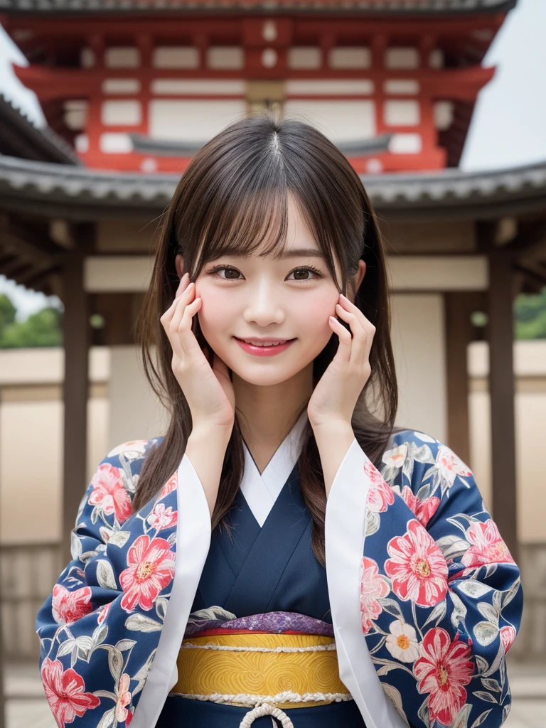 1girl, solo, highres, best_quality, masterpiece, detailed_background, intricate_details, beautiful, nara, horyu_ji, oldest_temple, historical, traditional_clothes, kimono, smile, looking_at_viewer, dynamic_pose, natural_pose, candid, happy