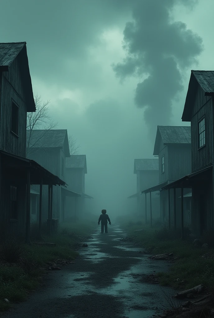 dark sky with dark colors reminiscent of the Roblox gaming platform, with a hyper immersive and hyper detailed playing scene where the environment is in a constant state darknes and abandonment. The scene is highly detailed in 8K resolution, with the city's structures and characters rendered with care, embodying an abandon feel reminiscent of a rural city in ruins, where the action of playing unfolds with a dynamic and immersive smoke, almost total darkness and a lot of dark and a lot of dark clouds, full of smoke, and one character really far away
