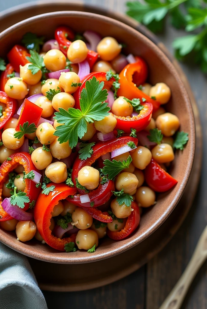 Create an image of this recipe: Chickpea and Roasted Pepper Salad Ingredients:
- Cooked chickpeas: 200 g - Red pepper: 100 g - Yellow pepper: 100 g - Red onion: 50 g - Fresh parsley: 10 g - Olive oil: 15 ml - White wine vinegar: 10 ml
- Sal: 5 g - Pepper: 2 g Preparation:
1. Roast the peppers in the oven at 200°C for 20-25 minutes, until the skin is burned. Put them in a plastic bag to let them sweat., Then peel them and cut them into strips..
2. In a large bowl, Mix the cooked chickpeas with the roasted pepper strips, chopped red onion and fresh parsley.
3. In a small container, Combine the olive oil and vinegar, and add salt and pepper to taste.
4. Pour the dressing over the salad and mix well before serving..