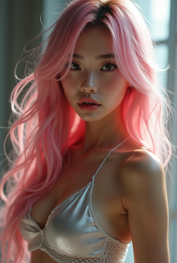 (wearing Fishnet bodystocking :1.3),(Pink Hair :1.3),(masterpiece:1.3), (Photorealistic, RAW Photos, Highest quality: 1.4), Skinny Japanese woman, 30 years old, (One Girl), (A vivid face), Detailed face, Detailed eyes, (Long Hair:1.3), (Realistic Skin), (Silver Camisole), Ultra-high resolution, Surreal, High definition, 
