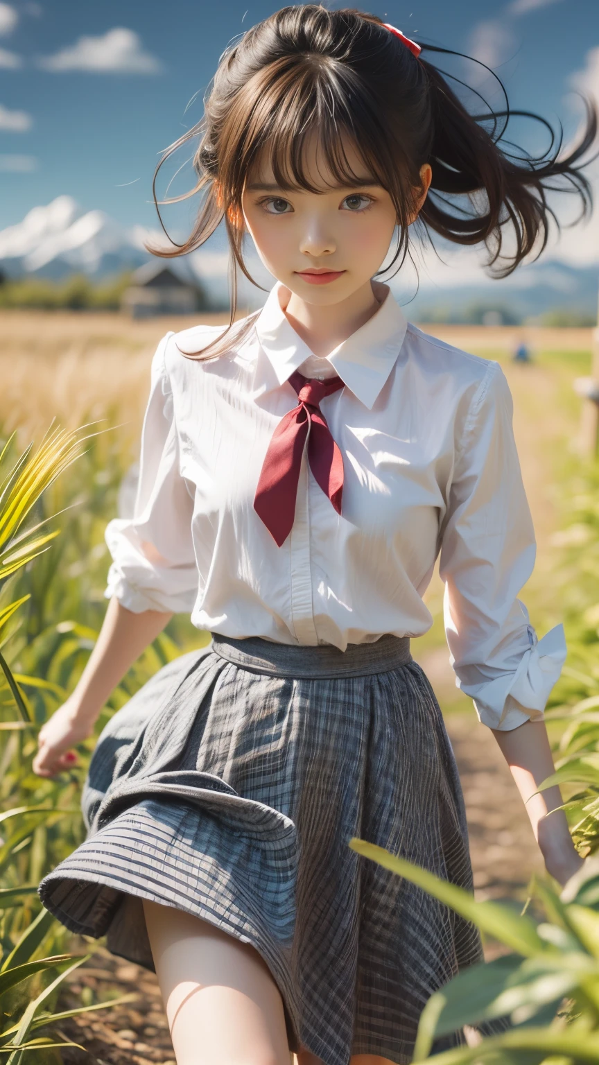 masterpiece , Highest quality , Very detailed , 1 person, ((Contrasting Eyes)) , running , blouse, skirt , bangs , field