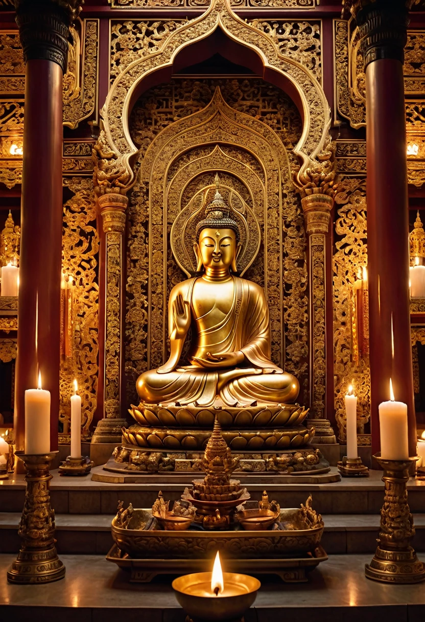 Buddha statue, Asian temple, intricate details, gold accents, peaceful expression, serene atmosphere, ornate architecture, candles, incense, warm lighting, photorealistic, masterpiece, 8k, high resolution, award winning art
