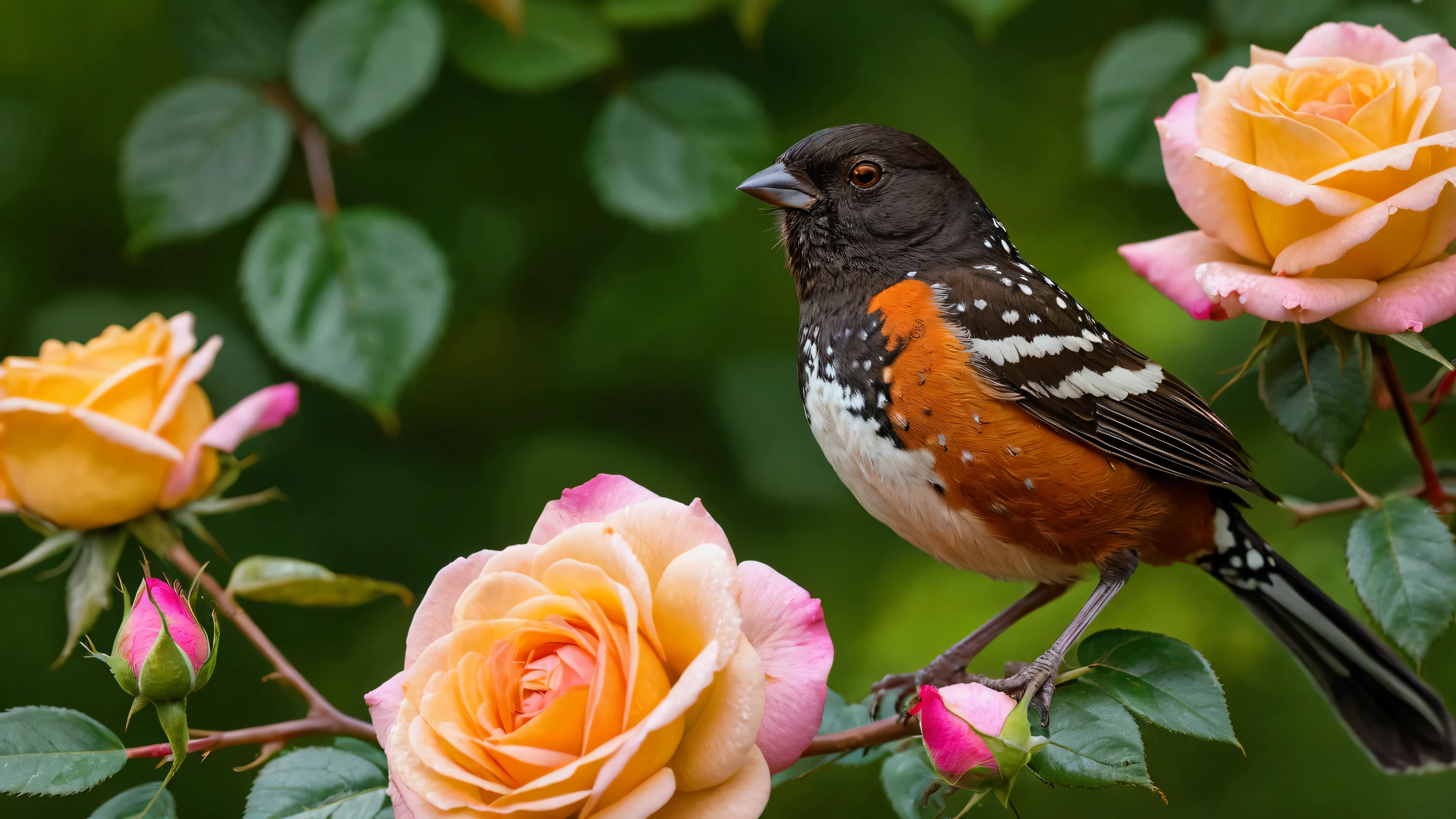 Ultra-high-definition 8K close-up photo of a Spotted Towhee perched elegantly on a rose branch. The bird is in a beautiful pose, surrounded by lush green rose leaves and vibrant clusters of yellow and pink roses in full bloom.