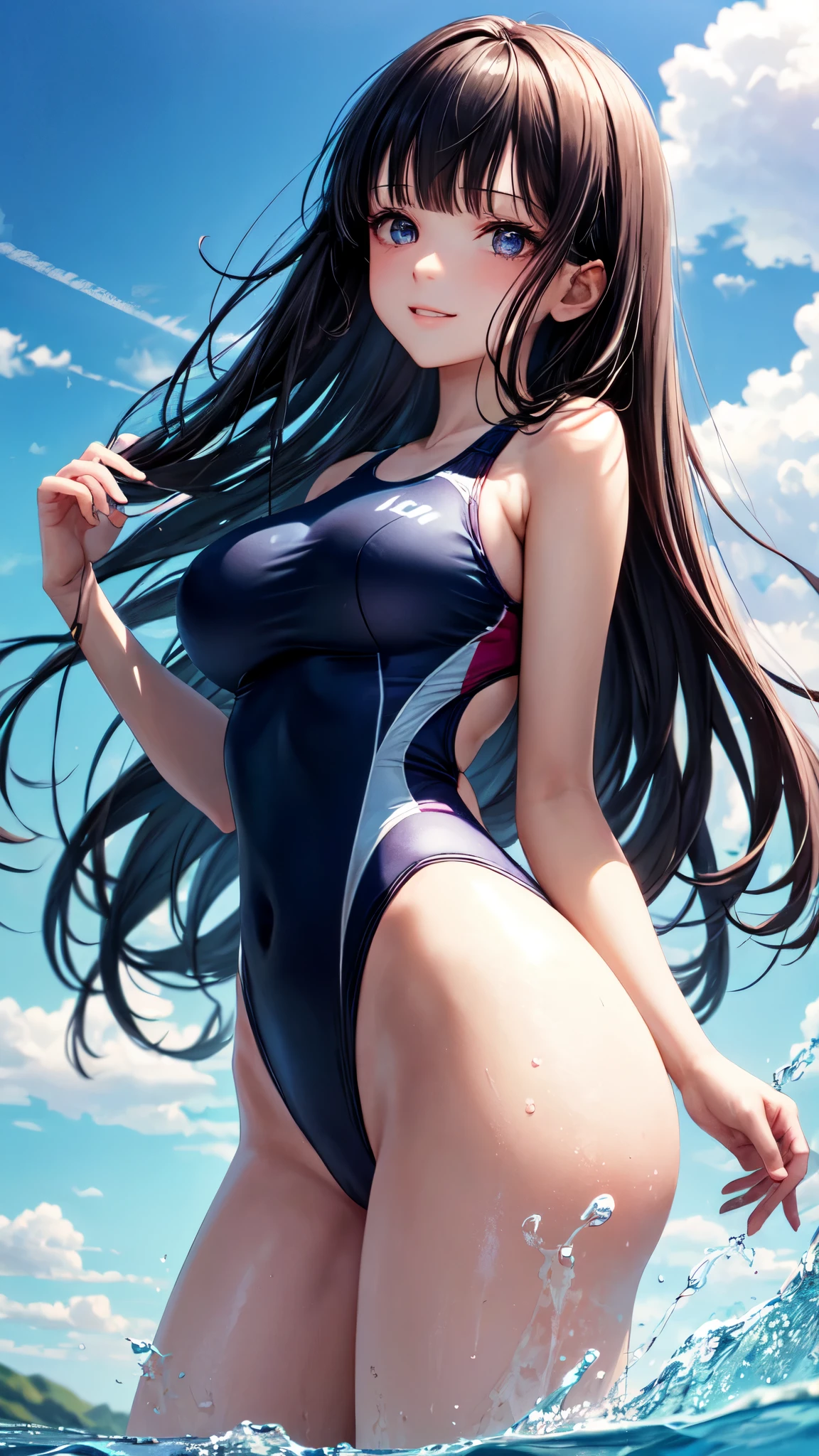 ((masterpiece,best quality,ultra detailed,high resolution)),(daytime,clear weather,bloom),((solo)),(woman),(black hair,long hair,straight hair,blunt bangs),(beautiful detailed face,beautiful detailed eyes),(finely detailed skin,fair skin),light smile,(competition swimsuit,navy swimsuit),(on the beautiful lake,beautiful sky),(perky breast,medium hip),from below,