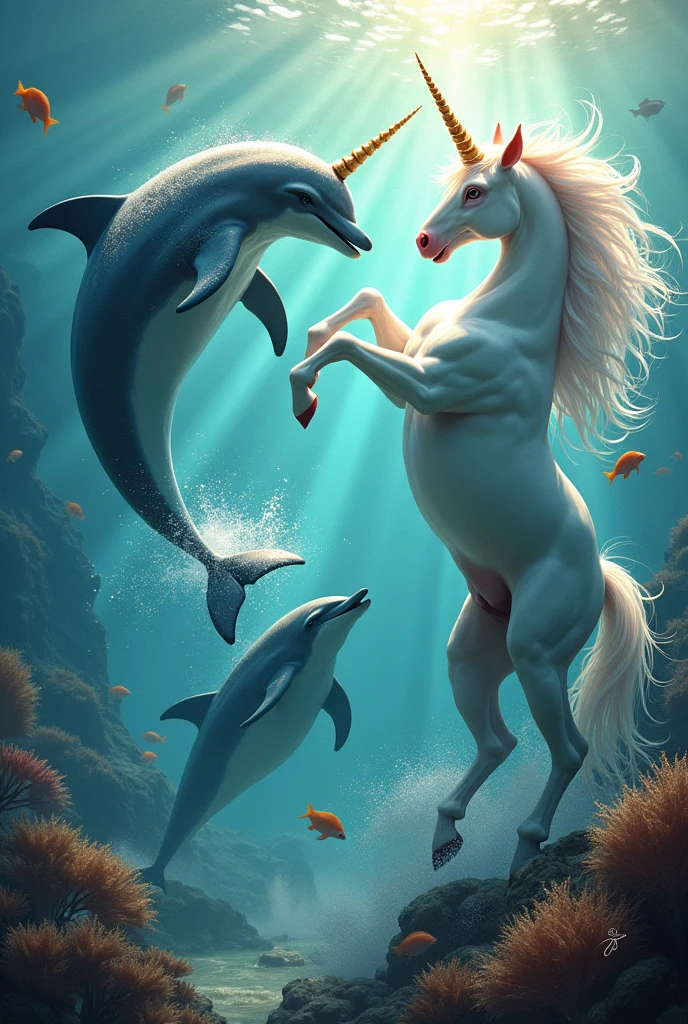 Create a fight between dolphins and unicorns