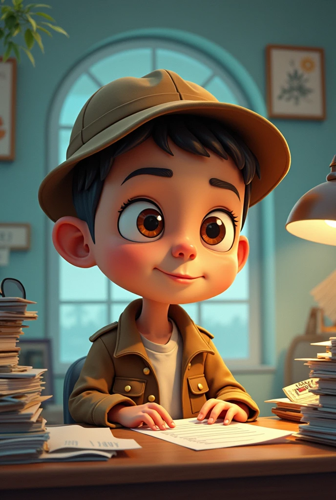 "Cartoon detective named Cristiano with a big head and , resembling a young Cristiano Ronaldo, sitting at a cluttered desk with papers and a magnifying glass. The detective looks curious and focused."
Details: Ensure Cristiano’s head is large, body small, and his appearance slightly resembles Cristiano Ronaldo but in a cartoon style.