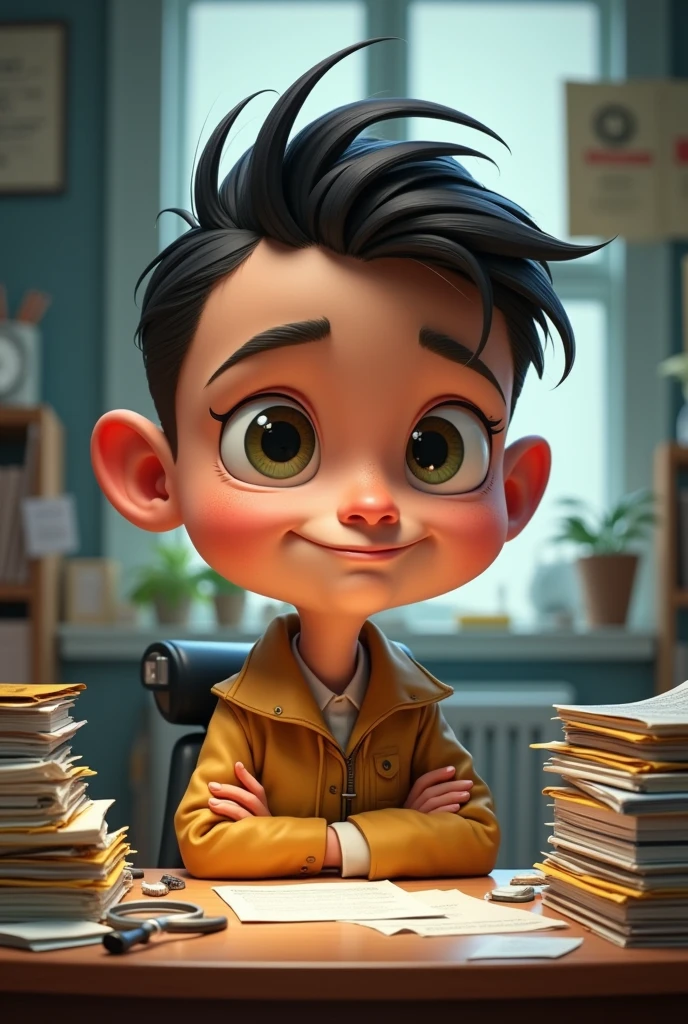 "Cartoon detective named Cristiano with a big head and , resembling a young Cristiano Ronaldo, sitting at a cluttered desk with papers and a magnifying glass. The detective looks curious and focused."
Details: Ensure Cristiano’s head is large, body small, and his appearance slightly resembles Cristiano Ronaldo but in a cartoon style.
