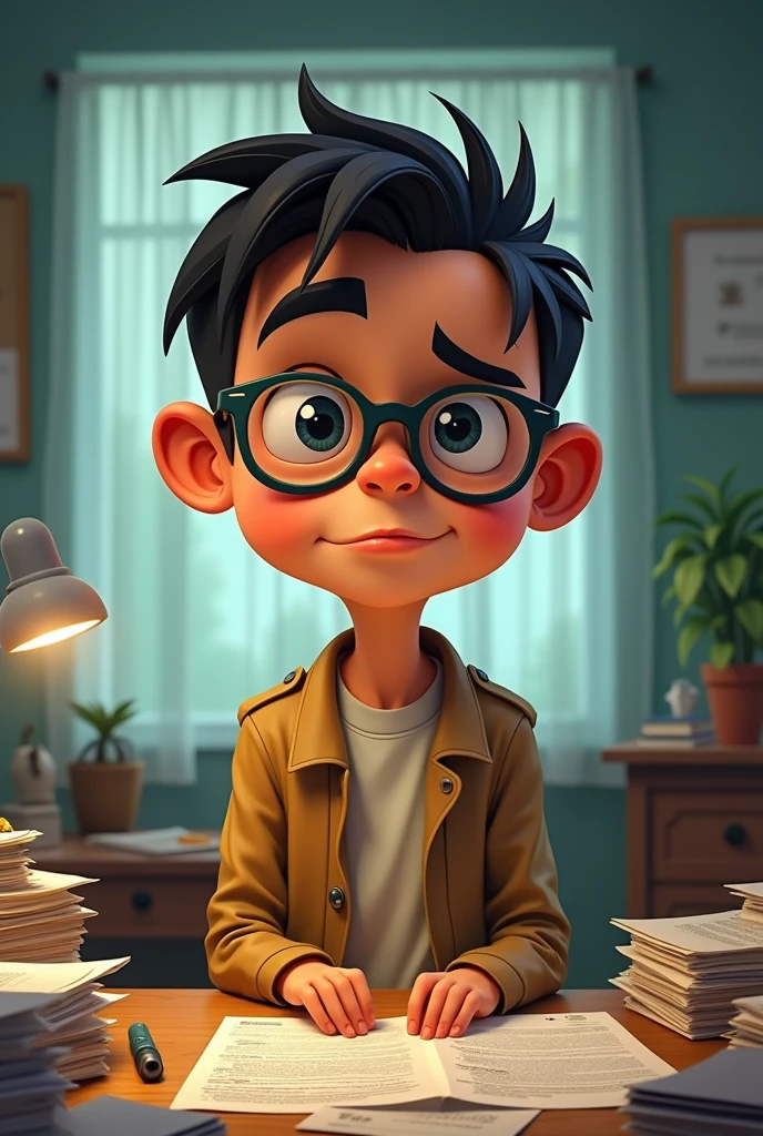 "Cartoon detective named Cristiano with a big head and , resembling a young Cristiano Ronaldo, sitting at a cluttered desk with papers and a magnifying glass. The detective looks curious and focused."
Details: Ensure Cristiano’s head is large, body small, and his appearance slightly resembles Cristiano Ronaldo but in a cartoon style.
