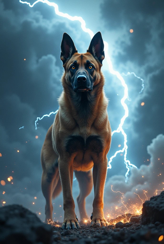Superdog Belgian malinois with lightning and thunder effect 