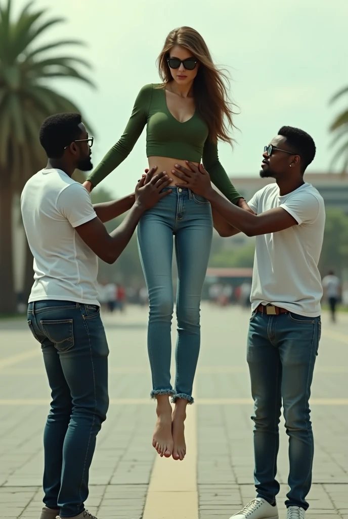 Create a photo of a 30 year old woman, with a slender and beautiful body, a tight green long-sleeved blouse and jeans, with white and clear skin, with long light brown hair wearing sunglasses, as her body is being carried sideways in the air lying down in the arms of two black agers, one is holding the feet and the other is holding the hands, with dark black skins, ugly, thin, small, who are wearing prescription glasses and wearing white shirts and jeans in a square 