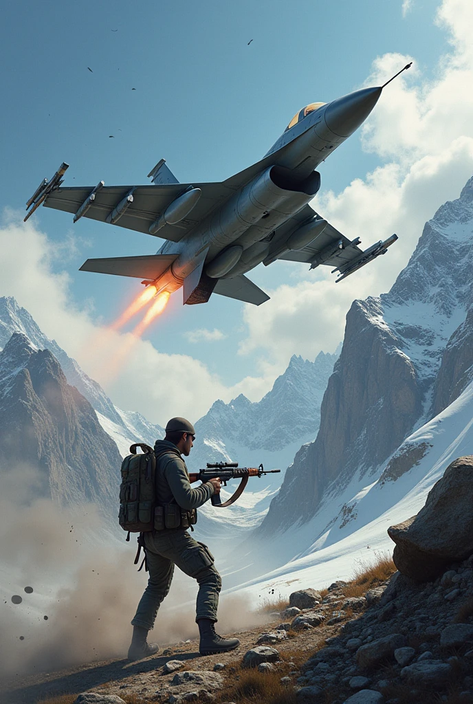 F16 Plane Drops Bombs on a Guerrilla in the Mountain, But the Guerrilla Resists with a Kalashnikov