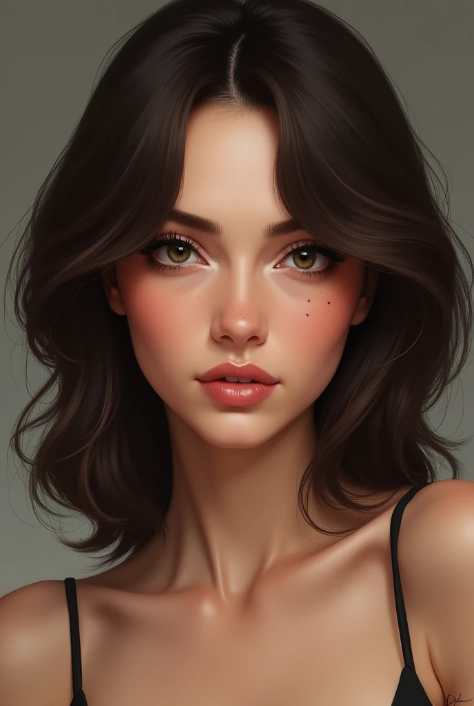 Woman, realisitic, 2. Dark brown hair with shoulder length layers, Francis on the test. Almond shaped and low set eyes, fine nose, slightly arched eyebrows, Diamond shaped face, full mouth, high cheeks. slightly tanned skin, eyes browns. mole on cheek. body healed