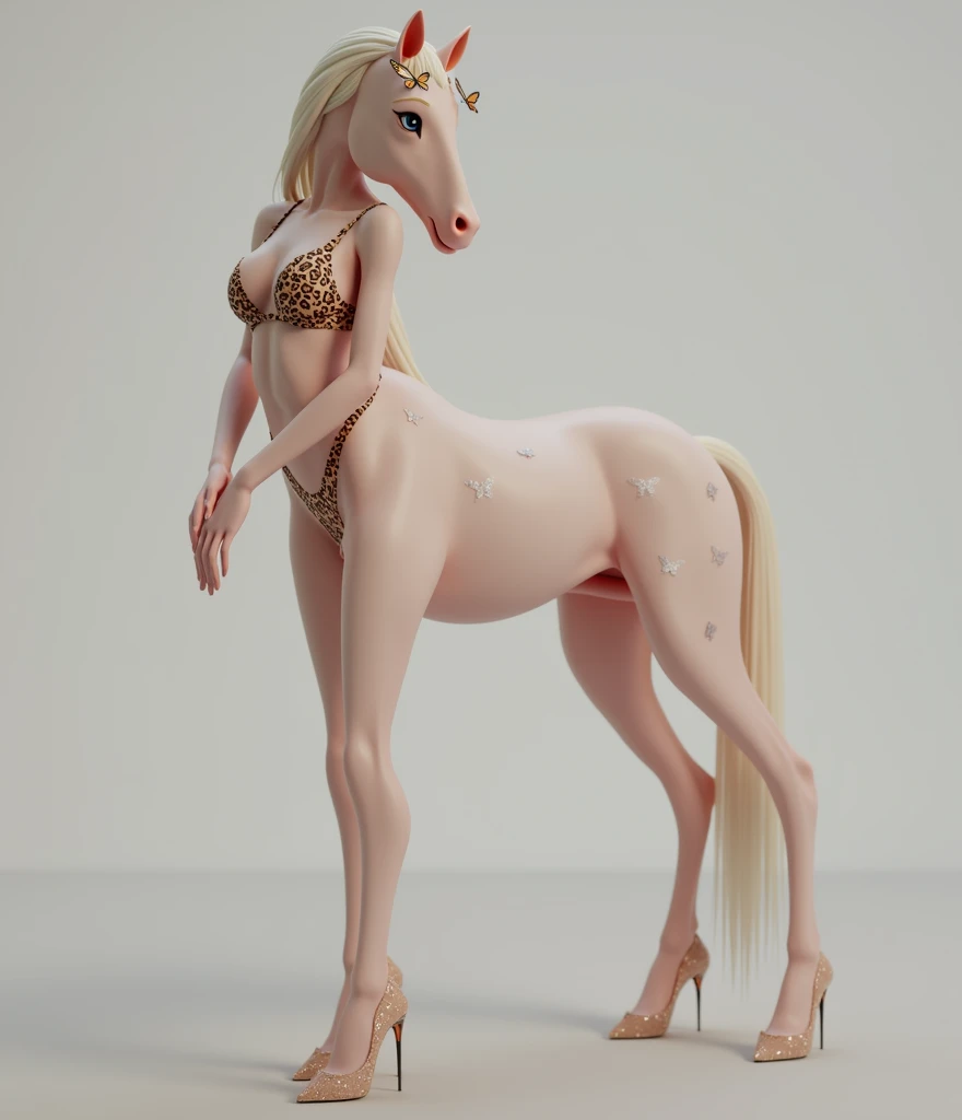 1Centaur Girl,Four legs,Leopard print underwear,Leopard-print clothing,Leopard print,Crystal high heels,The whole body is dazzling and starry,(Horses have human skin.)(Flesh-colored skin (Cynthia Sheppard), Fair and shiny skin, Full body CGsociety, Beautiful full body concept art, horse, smooth Fair and translucent skin, Pretty blue butterfly hair accessories and pale porcelain skin, Gu Weiss, Fair and translucent skin, Pale skin,,Ivory white skin, Light milky white porcelain skin,(Skin tone consistency)