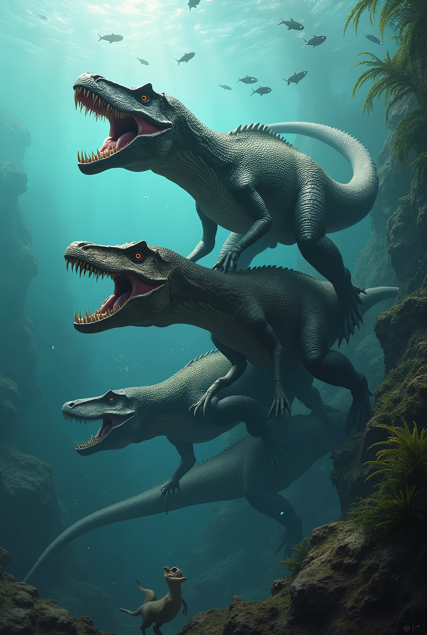Aquatic scaled dissonaurus fighting a mosasaurus vs velociraptor