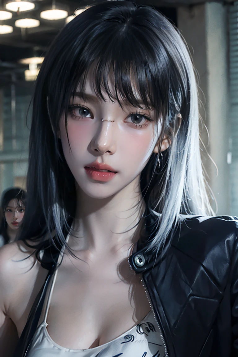 (masterpiece, Highest quality:1.2), 1 person, alone, Close-up of a woman in a bikini and jacket posing leaning against a railing, cyber punk, cyber punkオッパイ, cyber punkアニメアート,Browsing Caution, ((Woman with tattoo on chest)), Erect nipples, ((Short white hair with bangs, Black strands of hair)), Purple eyes,. 超High resolution.Realistic. 超High resolution.Realistic:1.4,超High resolution. Realistic,High resolutionで, masterpiece, Highest quality, Very detailed, Better Shadows, Volumetric lighting), super high quality, High resolution, 8k, 超Realisticな肖像画 , Realistic, Dynamic Lighting, Volumetric lighting, Very detailed顔