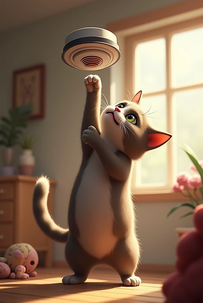 A cat ager removing a smoke alarm from the ceiling