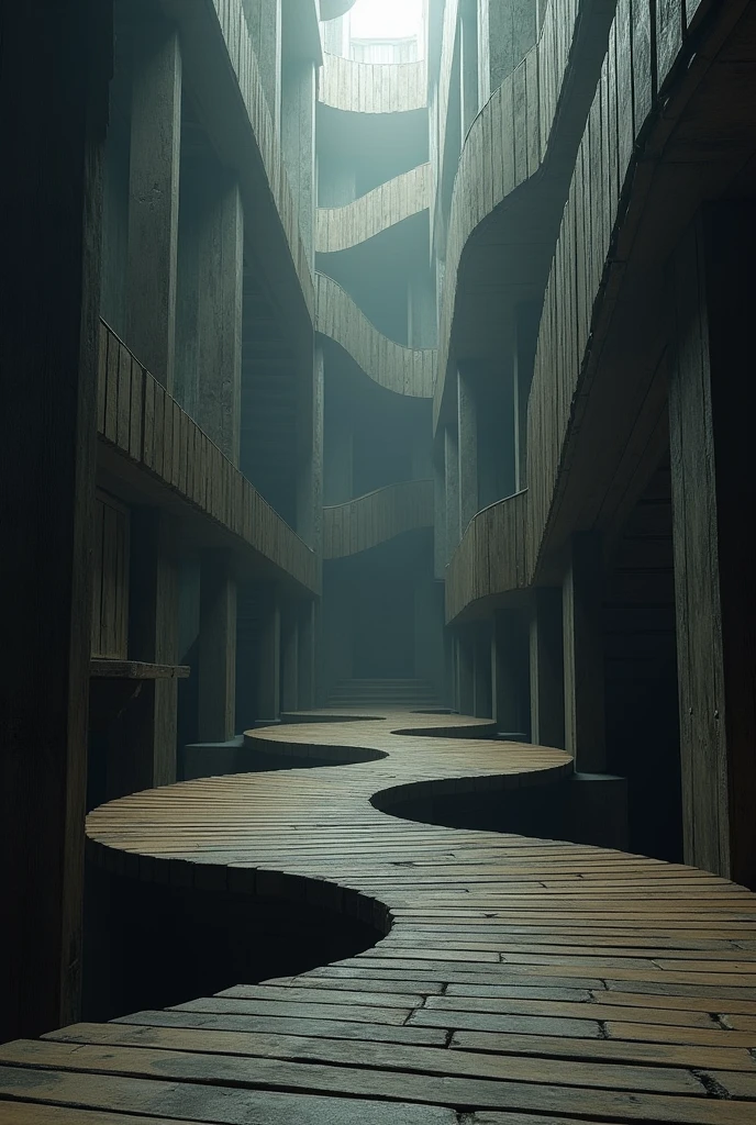 (photorealism:1.2), immense inside space, Escher, twisted and unreal, liminal, dark, haunted, artificial , wooden floors, staircases, darkness eternal, Gray lighting,