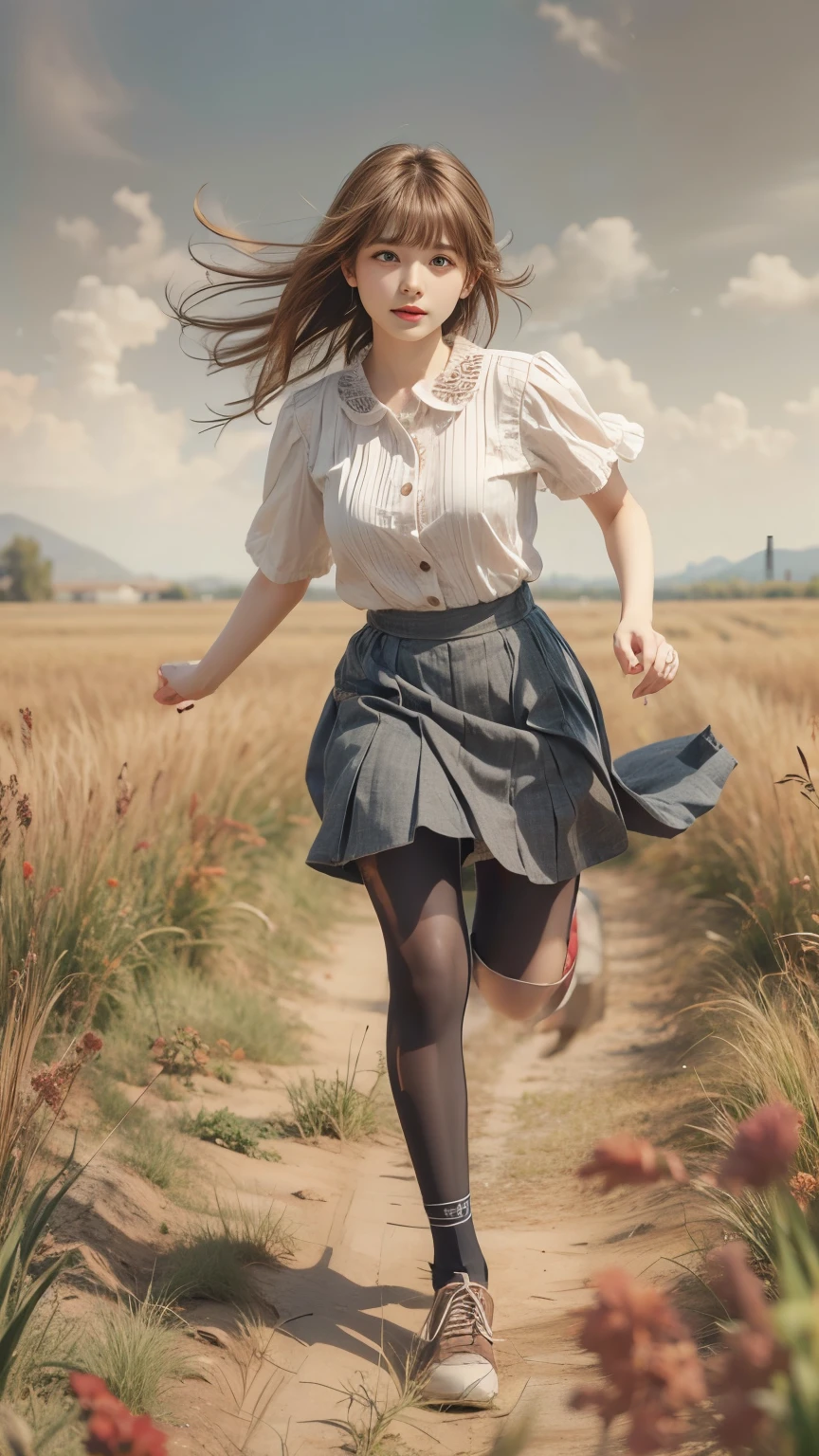 masterpiece , Highest quality , Very detailed , 1 person, ((Contrasting Eyes)) , running , blouse, skirt , bangs , field