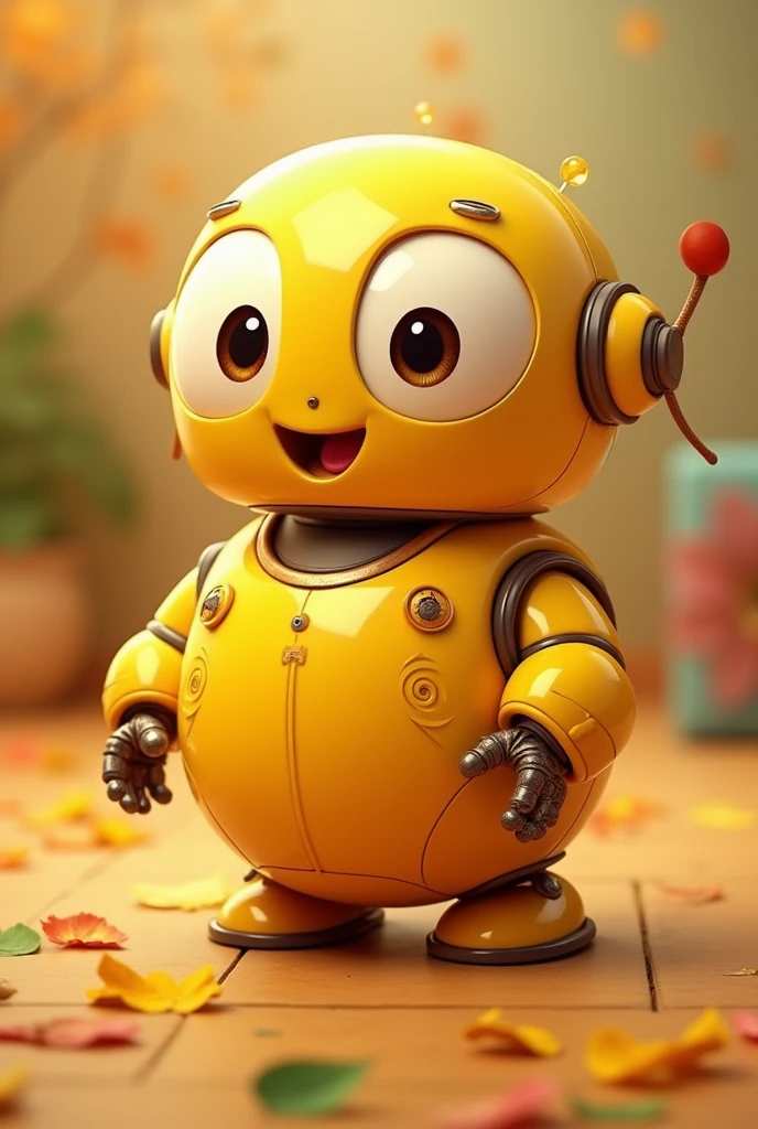 yellow robot, glad, eyes large, e um fundo background