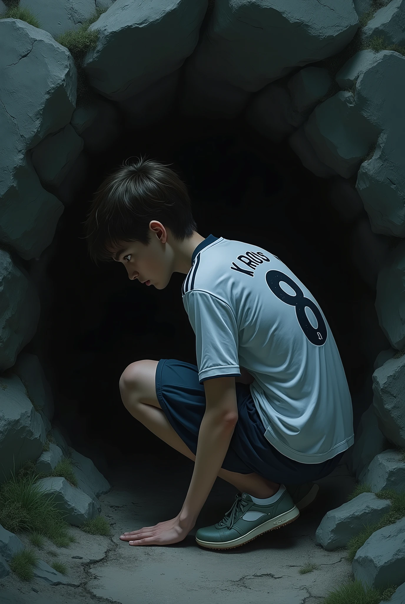 A ager with his back turned a little dark with short brown hair, with a kroos 8 madrid shirt. desperately searching under a rock