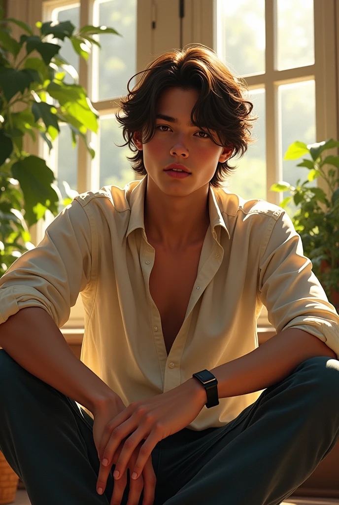 (photorealism:1.2), beautiful boy, sitting on chair, wearing loose
shirt, fit pants, long stylish hair, indoors, soft lighting, plants in background, window with sunlight, cozy room, relaxed pose, realistic, intricate details, warm colors, by Greg Rutkowski, by Alphonse Mucha hows name ritesh