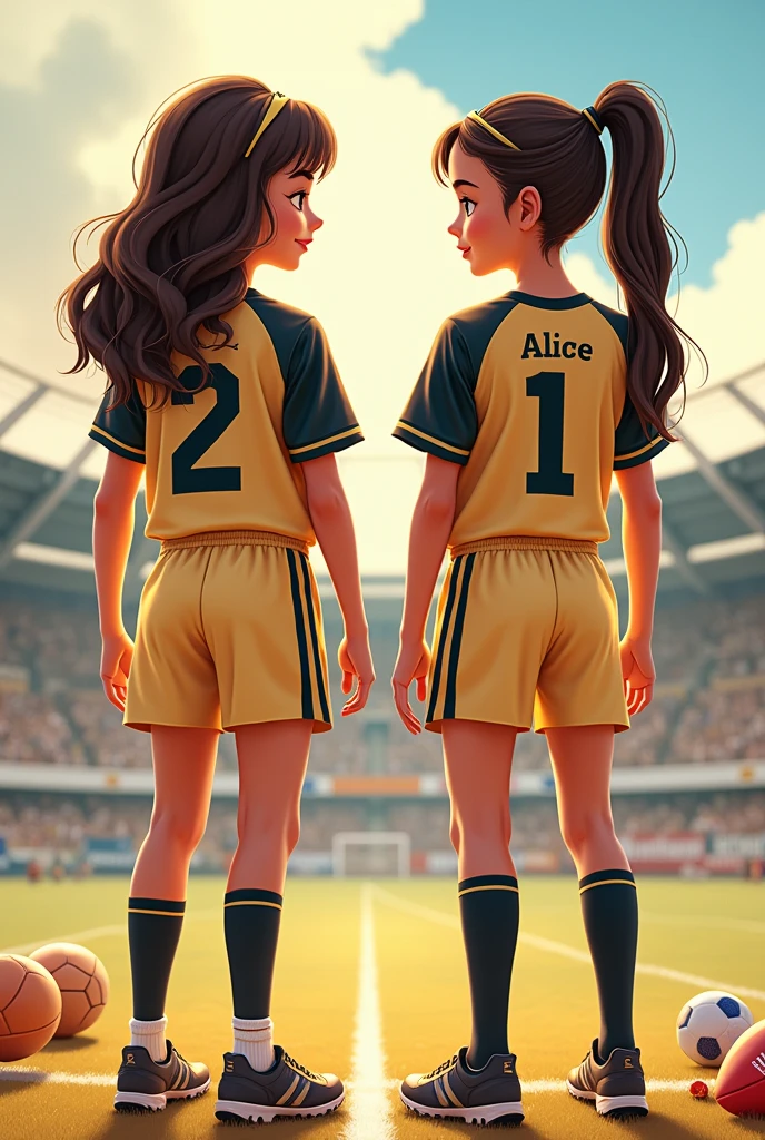 Image of the two football sports uniforms for girls and boys in light beige combined with black, with a Disney print of the Lady and the Tramp and the name "Alice" on the back of one of the uniforms. If you need any adjustment or have any other request, Don't hesitate to tell me.