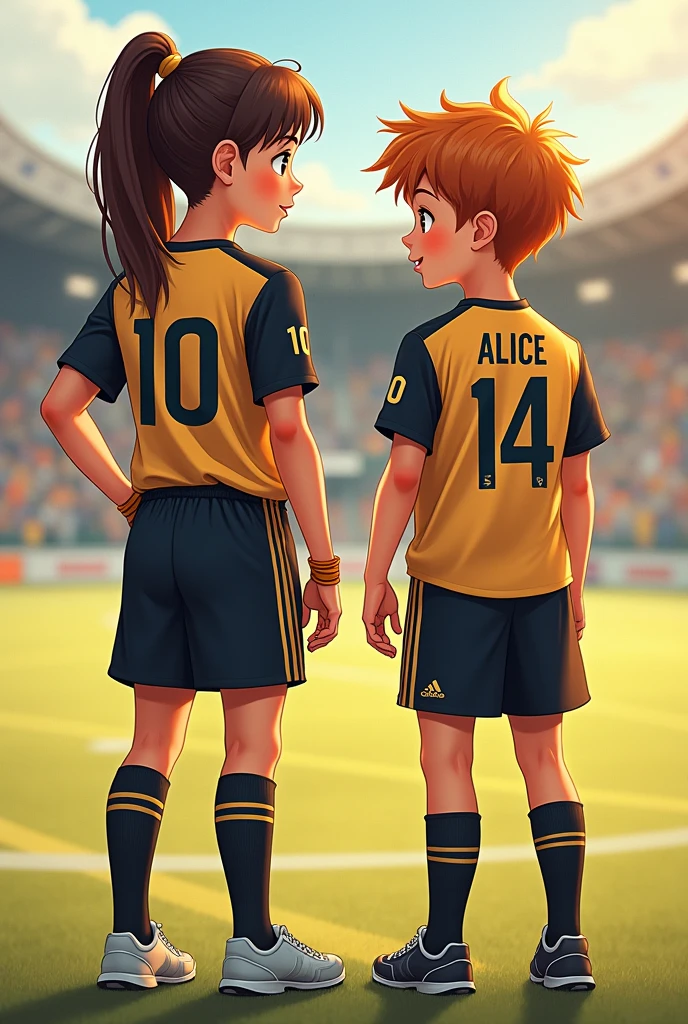Image of the two football sports uniforms for girls and boys in light beige combined with black, with a Disney print of the Lady and the Tramp and the name "Alice" on the back of one of the uniforms. If you need any adjustment or have any other request, Don't hesitate to tell me.