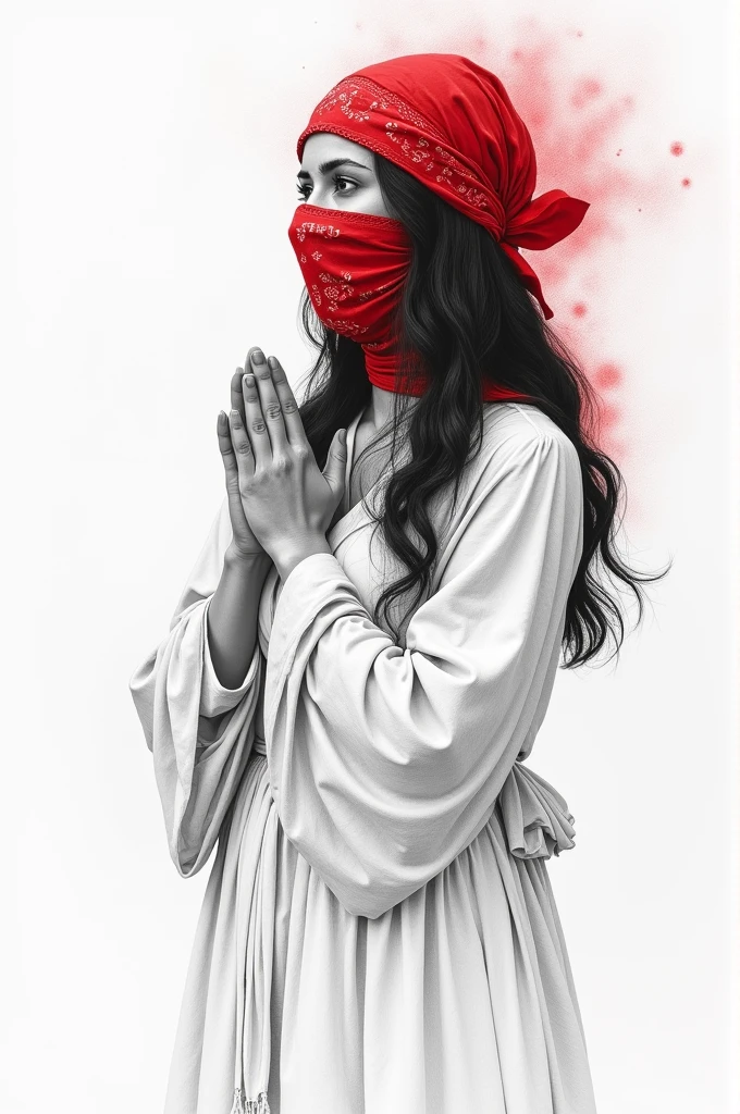Pencil drawing of a woman with long dark hair down to her shoulder dressed in white with red paint splatters and a red Mexican bandana as a face mask and who has her hands together in prayer and joined with a white bow around her wrists