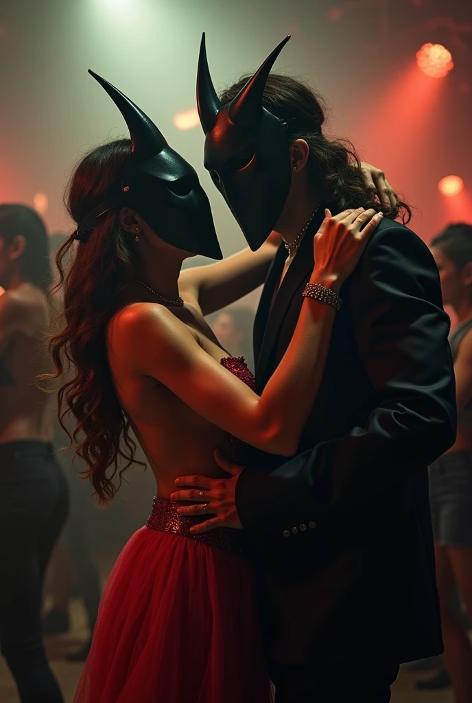 Make a couple of people dancing perreo with black plague masks