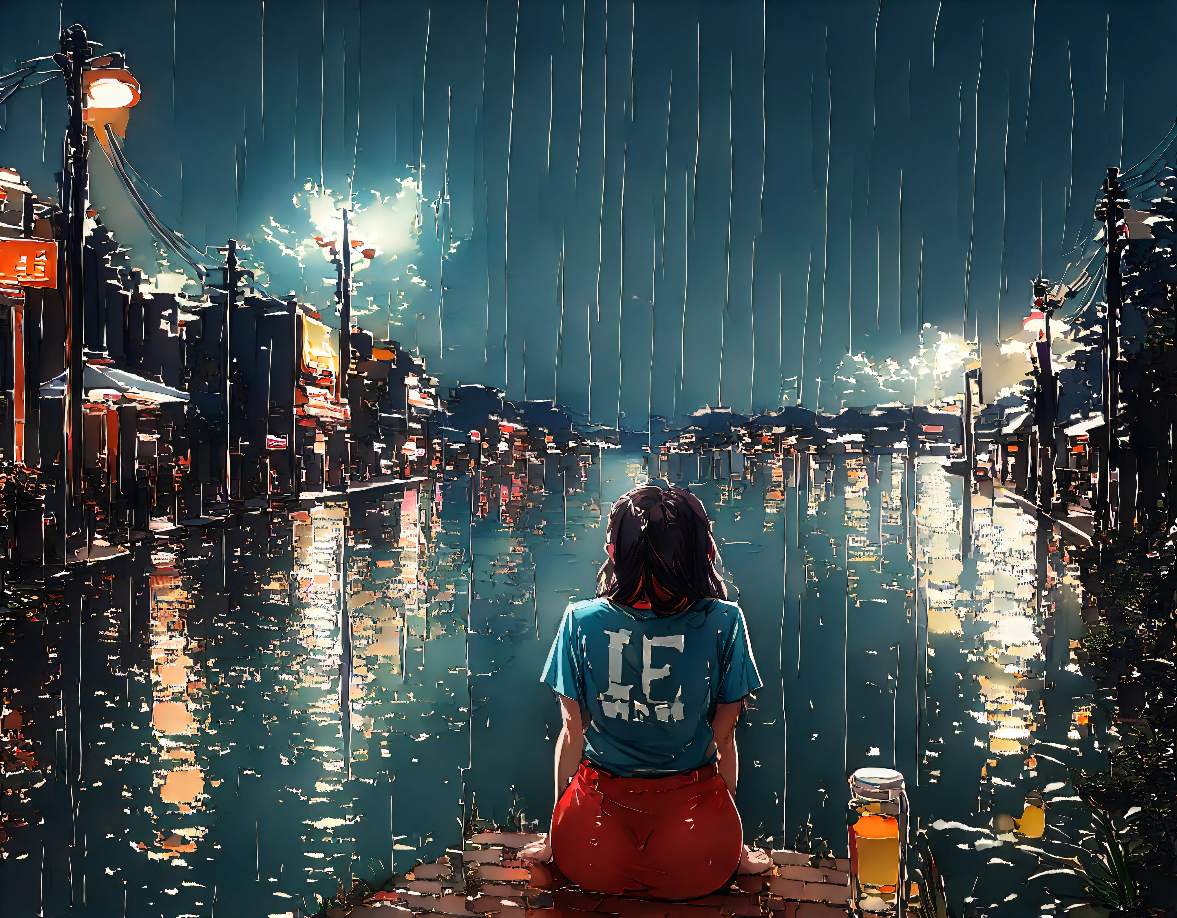 (1 girl) (masterpiece, best quality) (woman in a colorful graphic designer t shirt) (sitting on a lake beach), , ,  , (stormy dark sky, raining) , extreme detail
((Melancholy emotions:1.4)), , large dark eyebrows wide chin
(Breasts covering entire torso) ((full body picture)) ((safe for work:1.3) ((large breasts covered by shirt)),  art by norman Rockwell,  white bra visible through clothes,