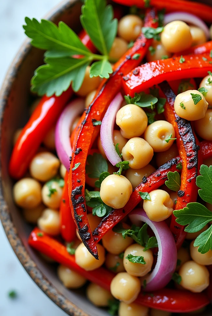 Create an image of this recipe: Chickpea and Roasted Pepper Salad Ingredients:
- Cooked chickpeas: 200 g - Red pepper: 100 g - Yellow pepper: 100 g - Red onion: 50 g - Fresh parsley: 10 g - Olive oil: 15 ml - White wine vinegar: 10 ml
- Sal: 5 g - Pepper: 2 g Preparation:
1. Roast the peppers in the oven at 200°C for 20-25 minutes, until the skin is burned. Put them in a plastic bag to let them sweat., Then peel them and cut them into strips..
2. In a large bowl, Mix the cooked chickpeas with the roasted pepper strips, chopped red onion and fresh parsley.
3. In a small container, Combine the olive oil and vinegar, and add salt and pepper to taste.
4. Pour the dressing over the salad and mix well before serving..