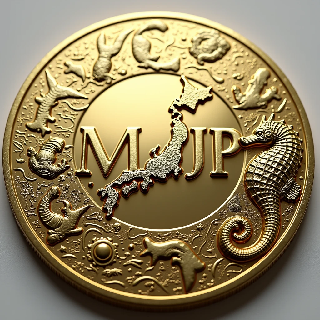 Coins will be made with the letters MJP in the center.. Seahorse design on the outer periphery. Money, high quality, A luxurious image. In the center is a map of JAPAN and around it are maps of MARASHIMA..
Background is watermark