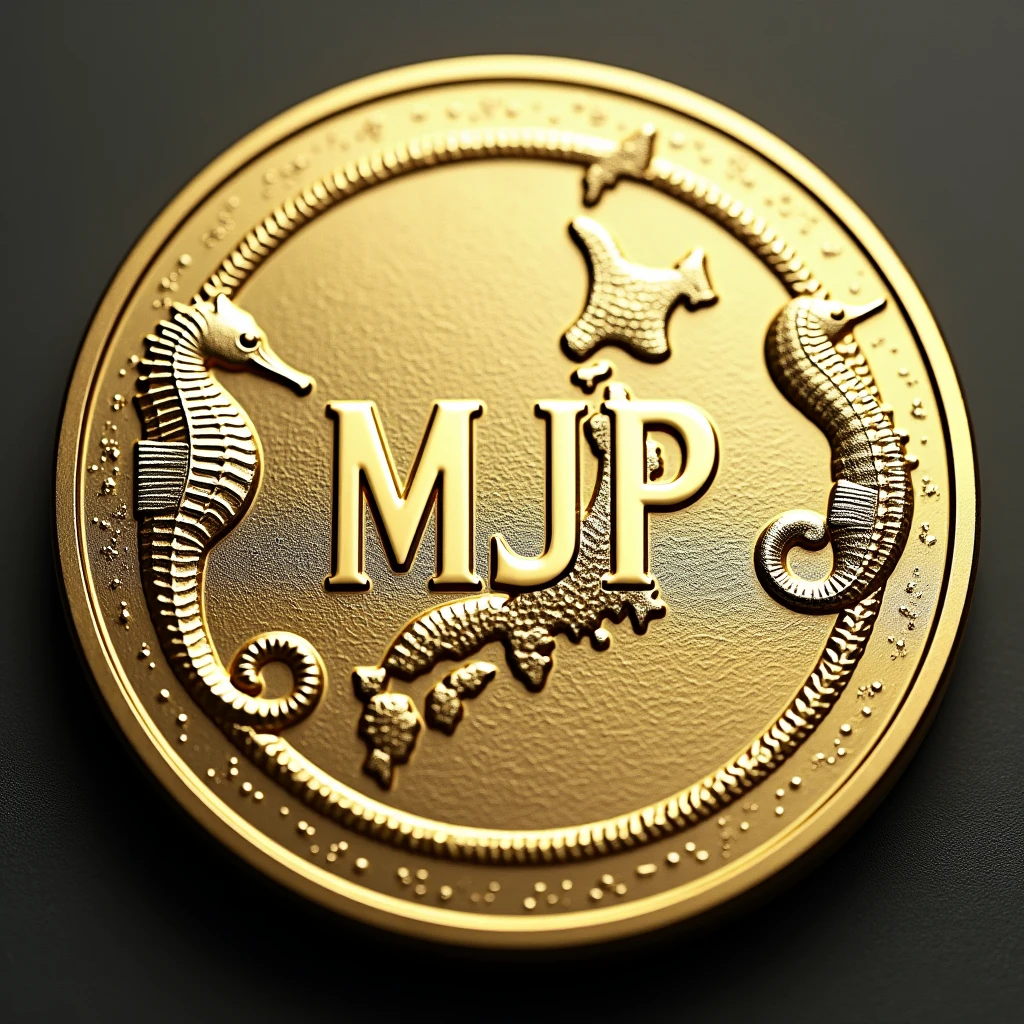 Coins will be made with the letters MJP in the center.. Seahorse design on the outer periphery. Money, high quality, A luxurious image. In the center is a map of JAPAN and around it are maps of MARASHIMA..
Background is watermark