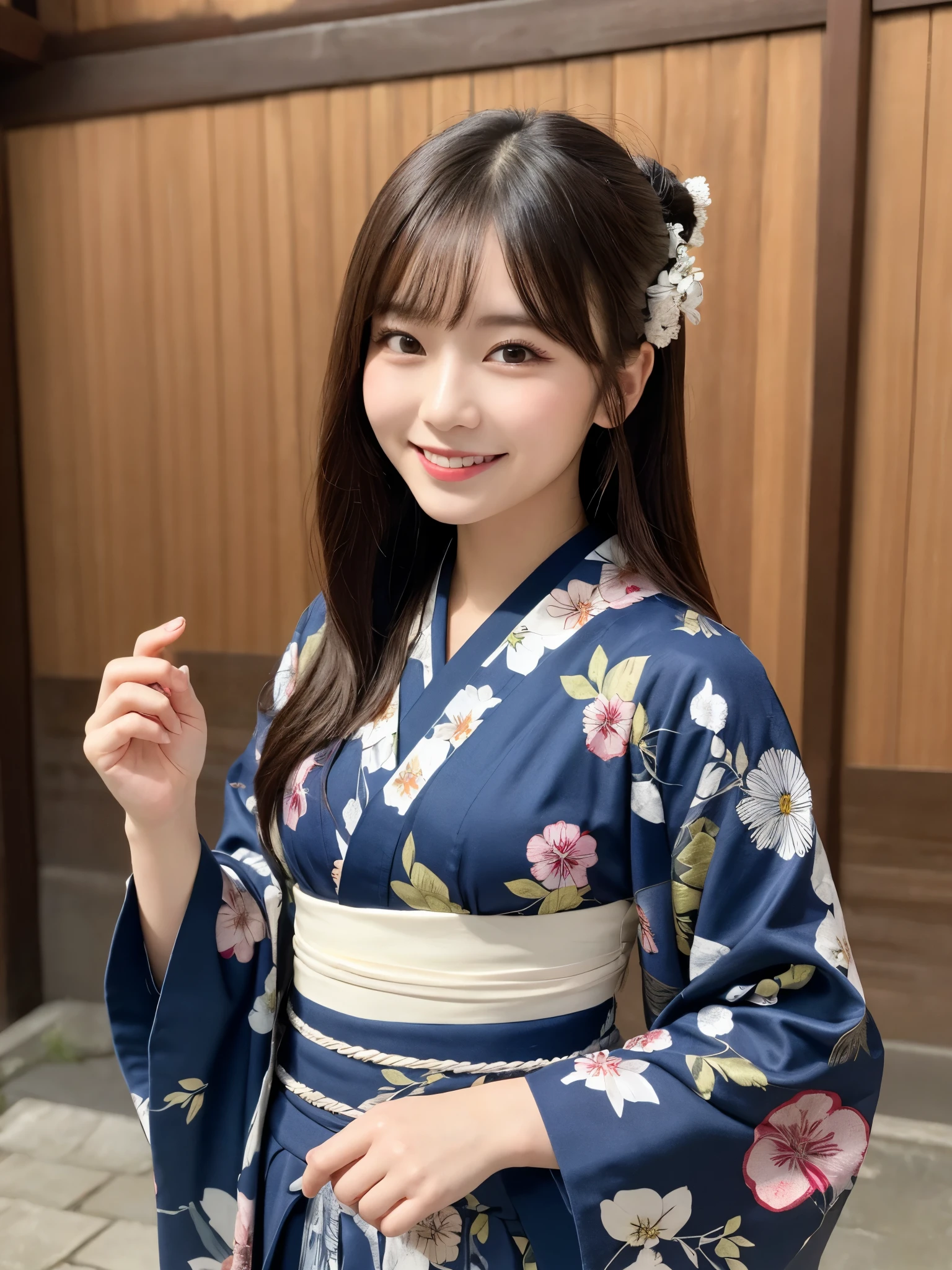 1girl, solo, highres, best_quality, masterpiece, detailed_background, intricate_details, beautiful, nara, horyu_ji, oldest_temple, historical, traditional_clothes, kimono, smile, looking_at_viewer, dynamic_pose, natural_pose, candid, happy