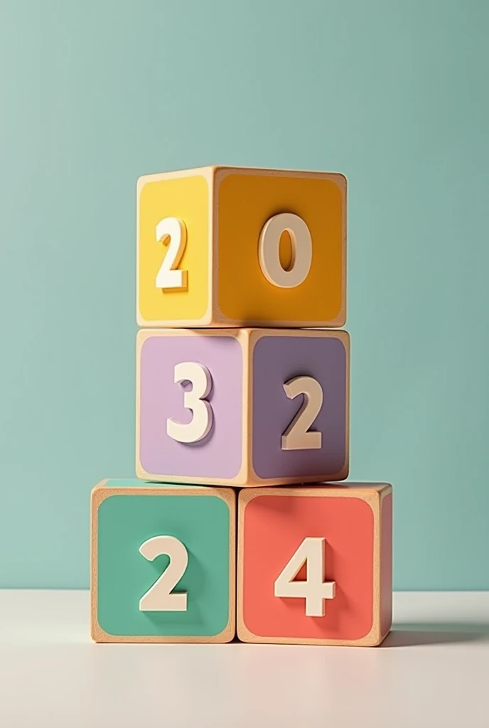 Create a stack of 4 colorful wooden cubes that each have the number 2024 on them.