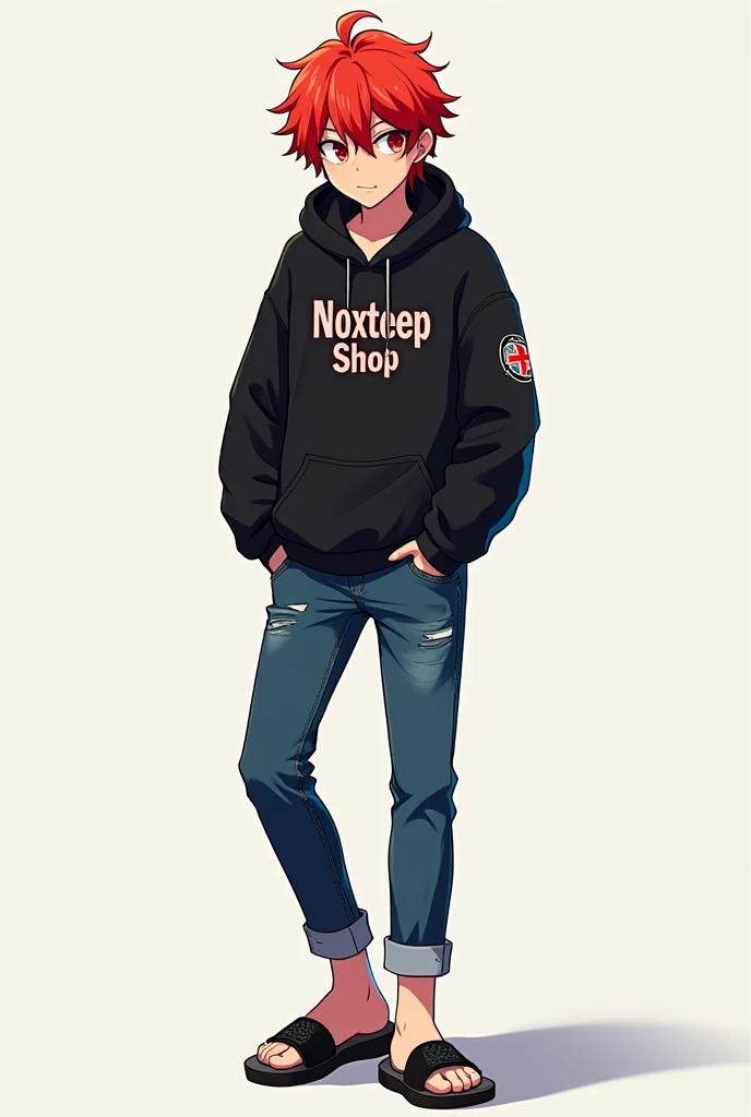 There is a red-haired anime guy. The frame size is 500 x 500 px. He is wearing a black hoodie, jeans, and sandals. The word NOXTEEP SHOP is printed on the shirt.