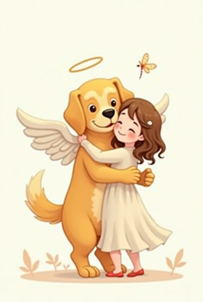 Generates a tender cartoon of a medium-sized Labrador breed dog with golden yellow fur and white tones, smiling, hairy and with angel wings, and a girl with not-so-long, medium-wavy hair and white skin with a pretty smile., thin and a wide white diver. That they two are hugging each other and a dragonfly is flying around them