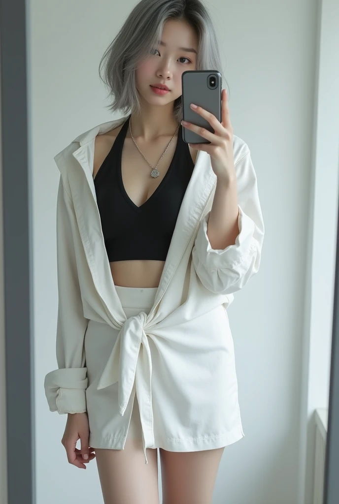 highly detailed, beautiful, hyper Realistic girl, masterpiece, best quality, Depict a mysterious and sophisticated beautiful Japanese gravure model,, 18-years-old, identity hidden, all body shot, / gray arranged hair, small head, Detailed face, cute and Pretty slim face, wide Duck mouth, perfect beautiful Tooth, arranged gray hair, shiny eyes, blue-colored eyes, Realistic skin, Detailed face, // standing, model posing, / This fall fashion look emphasizes a relaxed yet polished style. The oversized white shirt drapes loosely over the body, creating an effortless, airy silhouette that contrasts nicely with the fitted black Halterneck tank top underneath. The shirt’s exaggerated proportions add a sense of ease and movement, perfect for layering as the weather cools. The white skirt maintain the casual vibe while keeping the look cohesive and fresh. Paired with black open-toe heeled boots, the outfit balances comfort with a touch of elegance. A small black chain bag and a simple silver necklace subtly elevate the minimalist, modern aesthetic, //// simple white single room, gray frame mirror, complicated background /// takes a selfie in her room using a smartphone in front of a mirror with one hand, standing and sexy Posing, all body below shot, focus shoes, looking away from the camera,