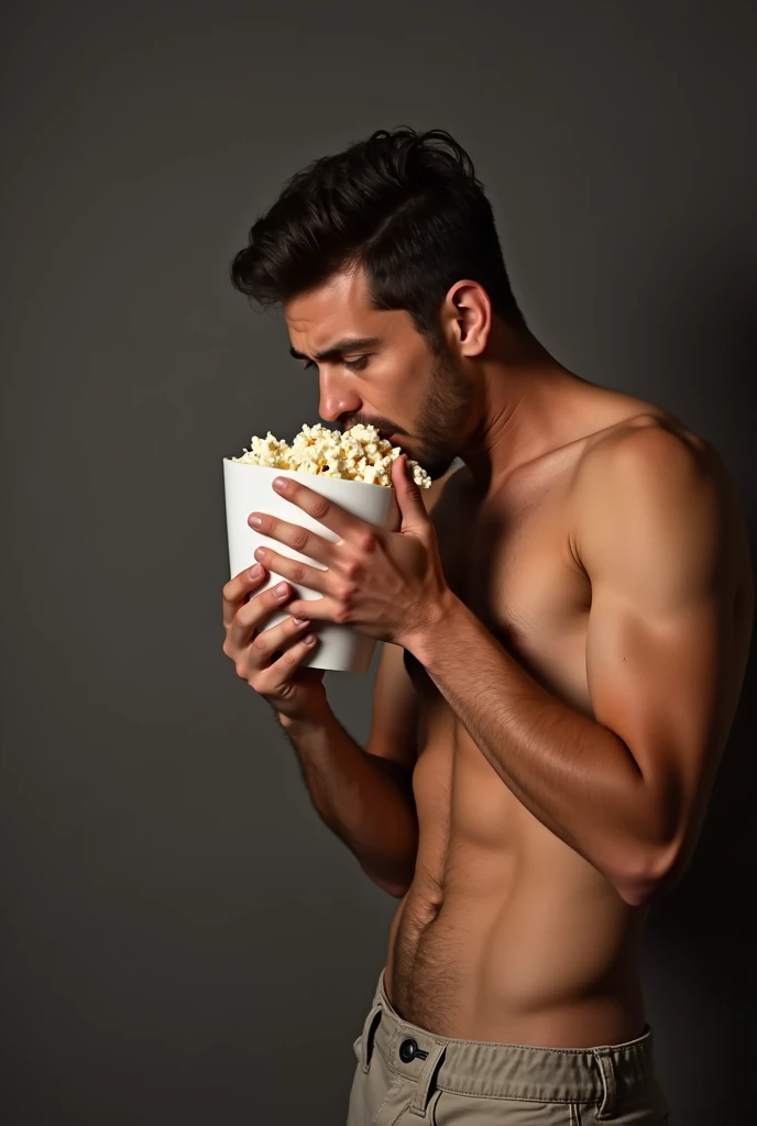 Naked man masturbating and eating popcorn